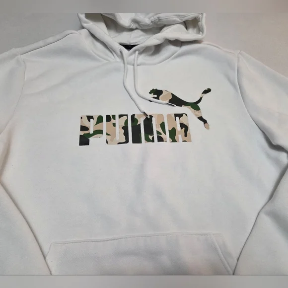 Puma Green and White Camouflage Logo Hoodie Sweatshirt Athletic Style EUC Size M - Picture 2 of 13